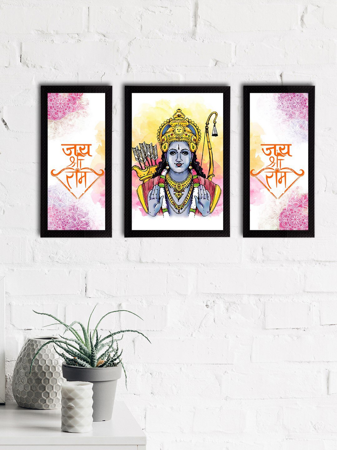 eCraftIndia Lord Ram Paper 3 Pcs Wall Living Room Rectangle Paintings Wall Art -14 x 7In