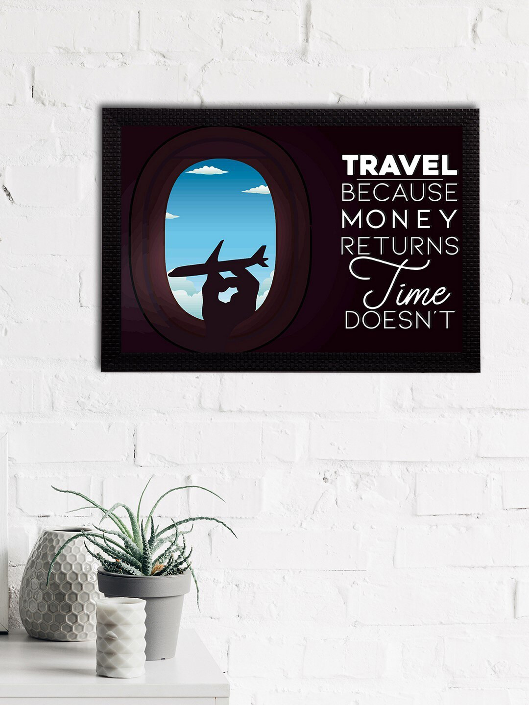 eCraftIndia Blue & White Travel Because Money Returns Time Doesn't Quote Matt Texture UV Wall Art