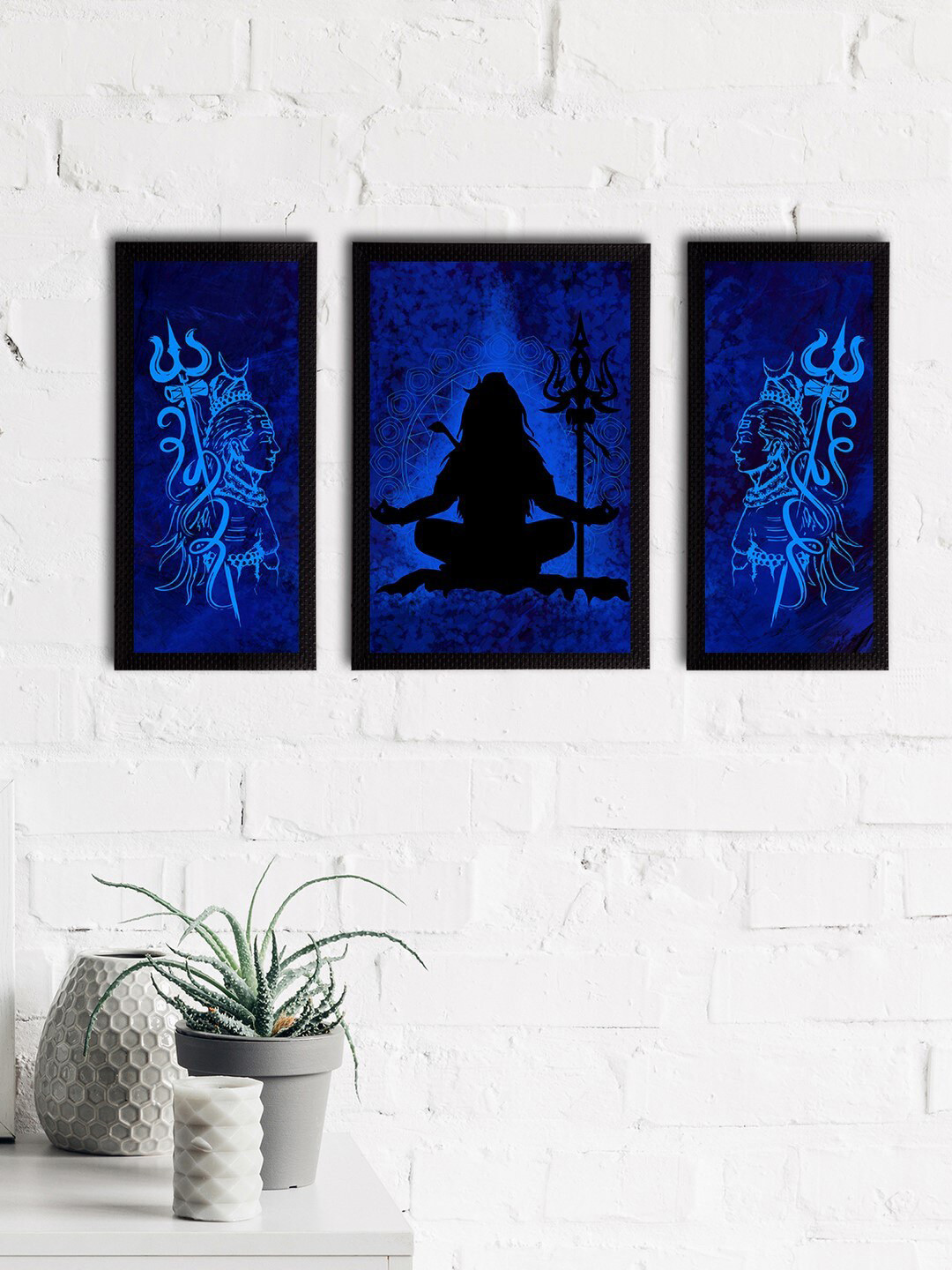eCraftIndia Lord Shiva Satin Canvas 3 Piece Wall Rectangle Paintings Wall Art -14 x 7 In