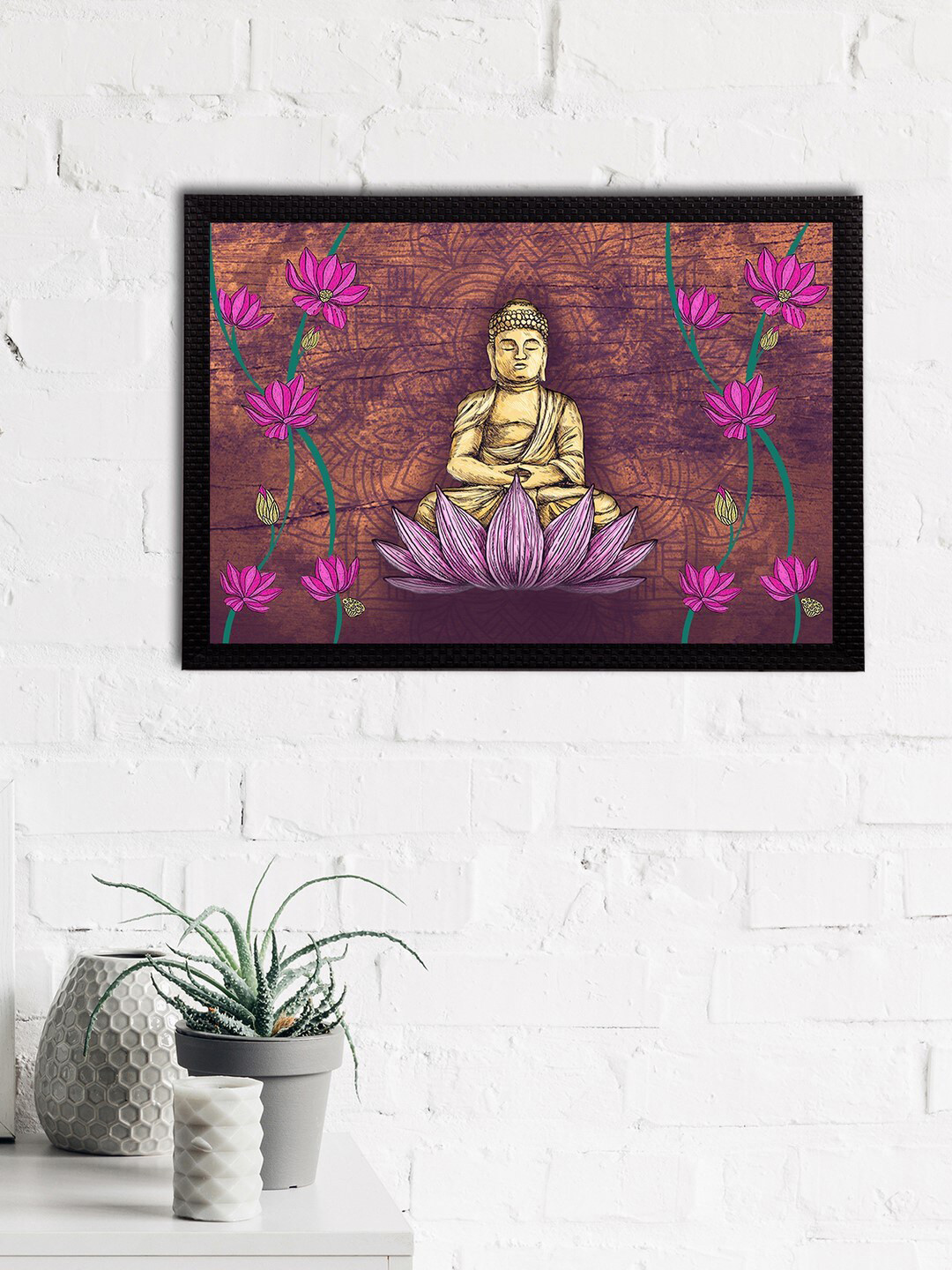eCraftIndia Beige & Pink Meditating Lord Budhha Printed Satin Matt Textured UV Wall Art