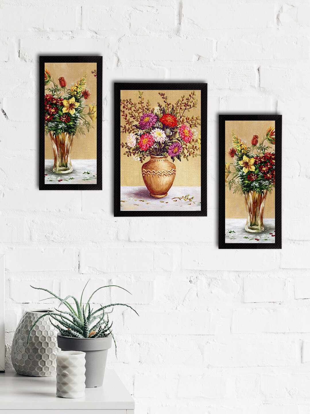 eCraftIndia Set of 3 Brown & Maroon Botanical & Floral Satin Matt Textured UV Wall Paintings