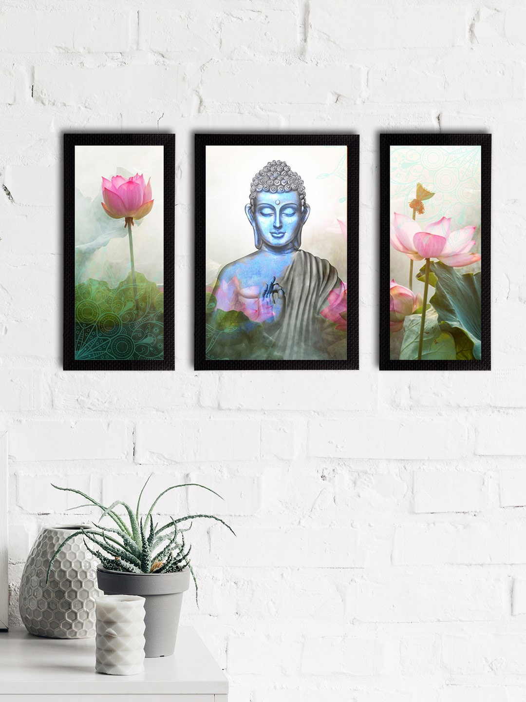 eCraftIndia Set of 3 Blue & Green Meditating Lord Buddha Satin Matt Textured UV Wall Paintings