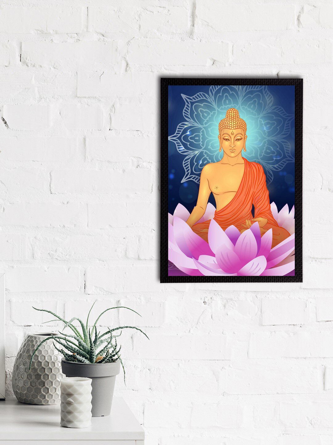 eCraftIndia Blue & Pink Meditating Lord Buddha Satin Matt Texture Framed UV Wall Art