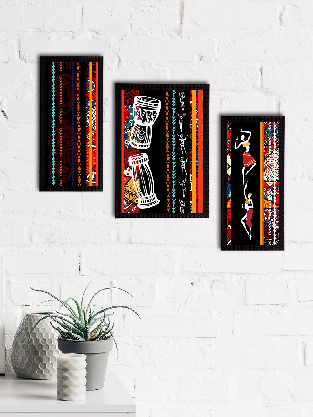 eCraftIndia Set of 3 Black & Orange Tribal Theme Satin Matt Textured UV Wall Art
