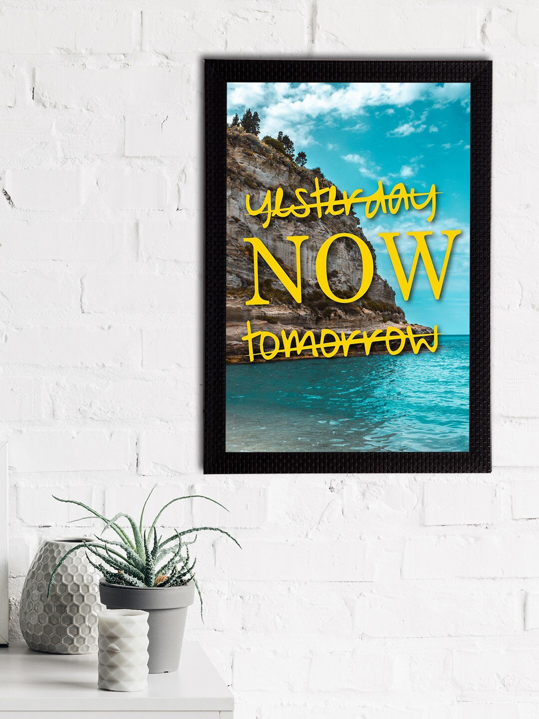 eCraftIndia White & Yellow Yesterday Now Tomorrow Motivational Quote Satin Matt Texture UV Art Painting