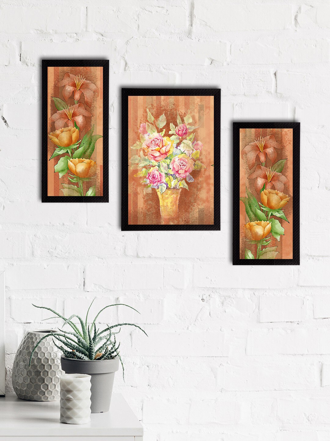 eCraftIndia Set of 3 Multicoloured Satin Matt Texture Floral UV Wall Art