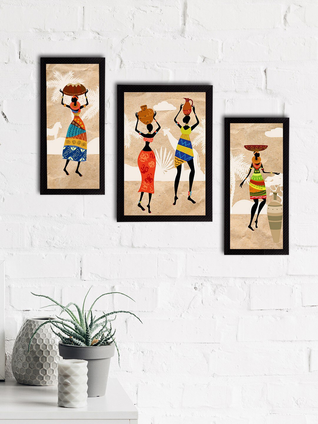 eCraftIndia Set Of 3 Multicolored Tribal Theme Wall Paintings