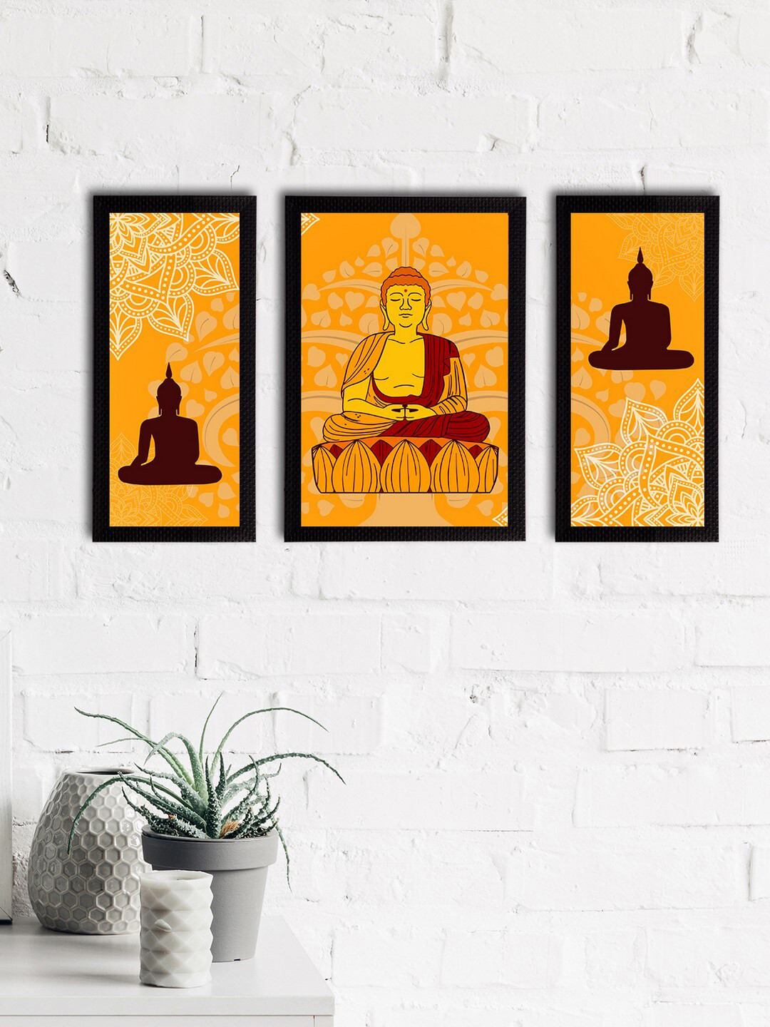 eCraftIndia Set of 3 Orange & Maroon Meditating Lord Buddha Satin Matt Textured UV Art Paintings