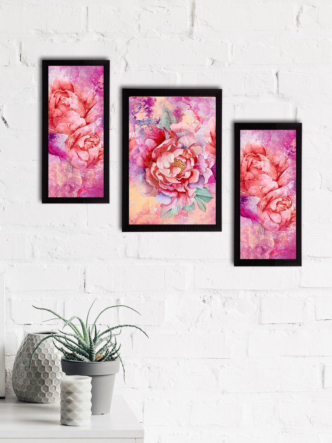eCraftIndia Set of 3 Pink & Red Botanical & Floral Satin Matt Textured UV Wall Paintings