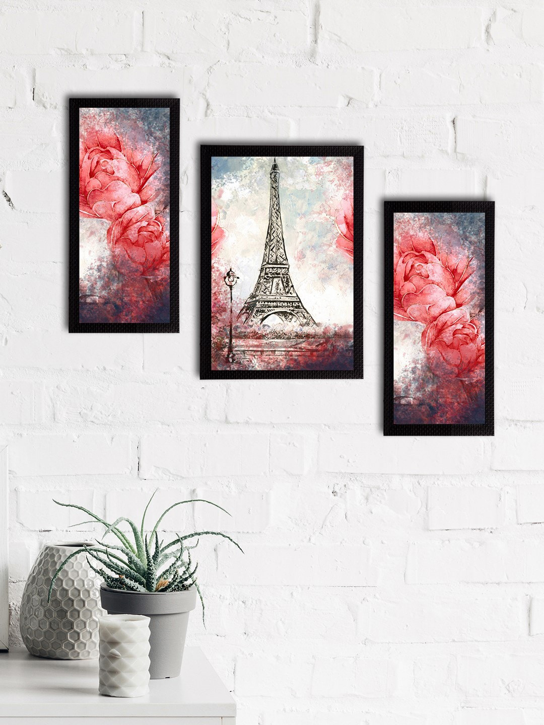 eCraftIndia Set of 3 Red & White Botanical and Floral Satin Matt Textured UV Wall Art