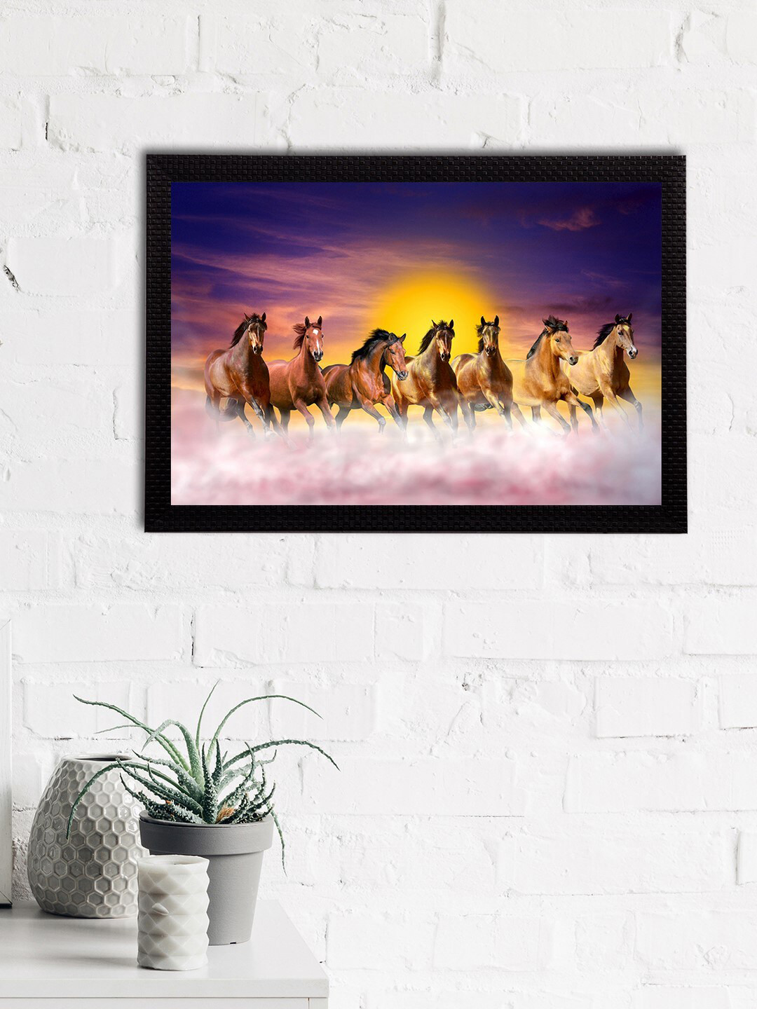 eCraftIndia Purple & Brown 7 Lucky Running Horses Satin Matt Texture Framed UV Art Painting