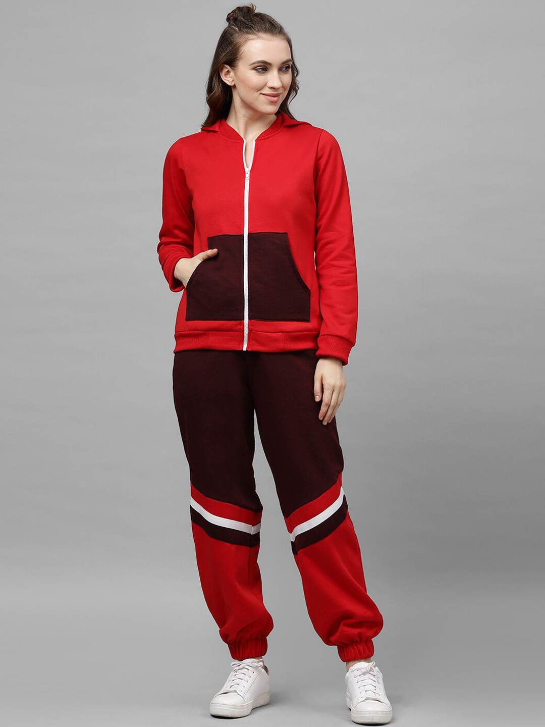 Athena Women Red & Burgundy Solid Hooded Sweatshirt & Colourblocked Joggers