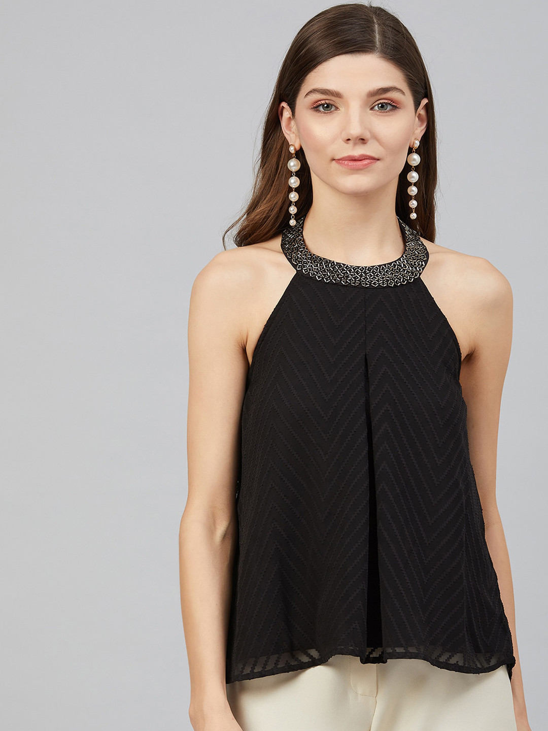 Marie Claire Women Black Halter Neck A-Line Top