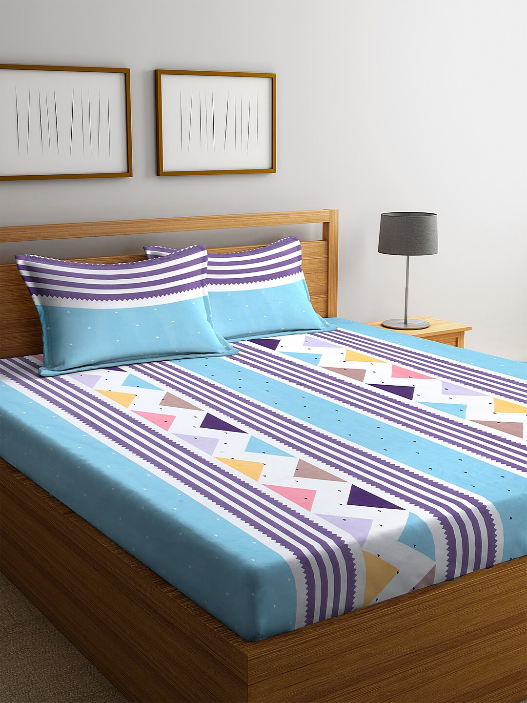 KLOTTHE Blue Geometric Flat 300 TC King Fine Bedsheet with 2 Pillow Covers-250 x 225 cm