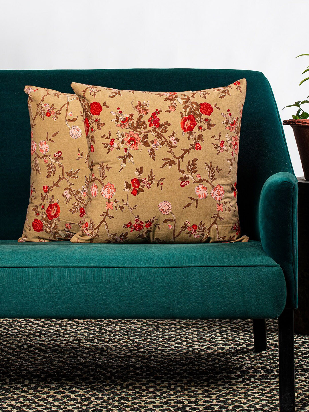 Contrast Living Set Of 2 Brown & Red Floral Printed Square Cushion Covers