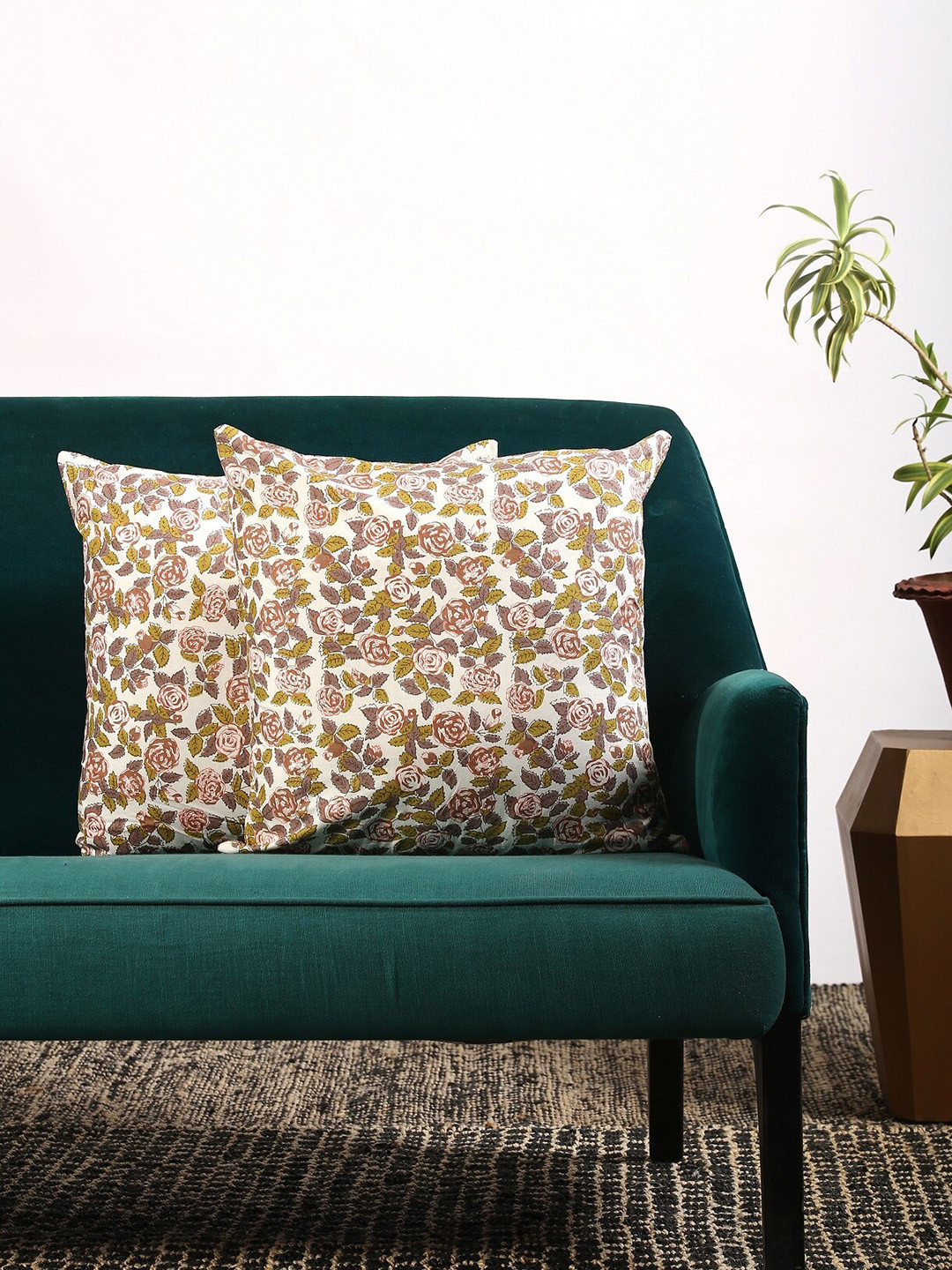 Contrast Living Set Of 2 Green & Brown Floral Printed Square Cushion Covers