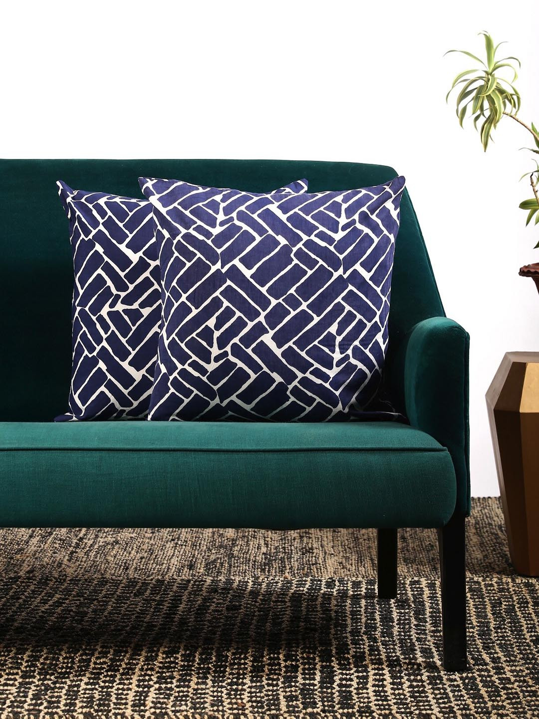 Contrast Living Set of 2 Blue & White Geometric Printed Square-Shaped Cushion Cover