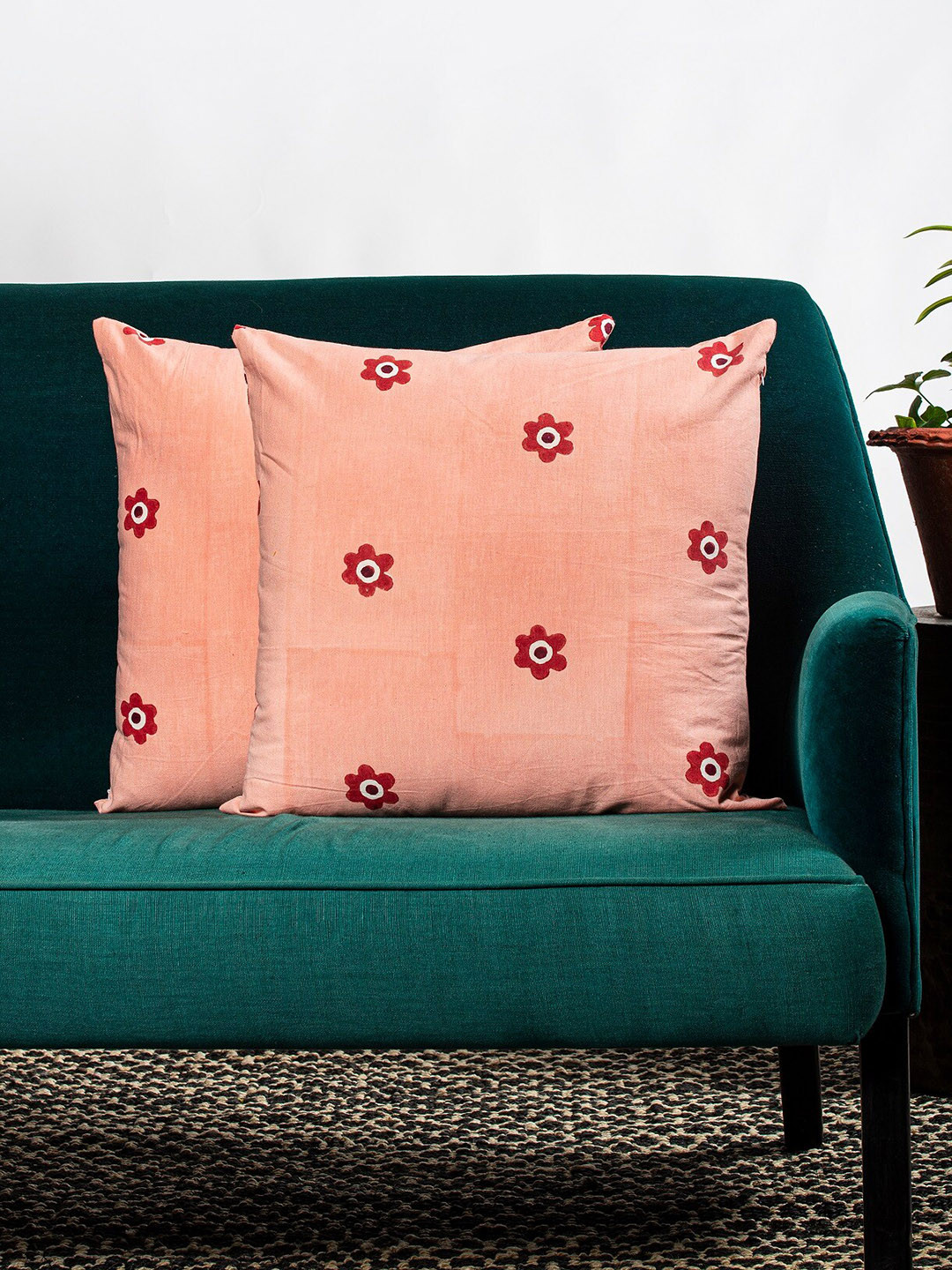 Contrast Living Pink Floral Cotton Breathable 2 Square Cushion Covers -19.7x19.7In