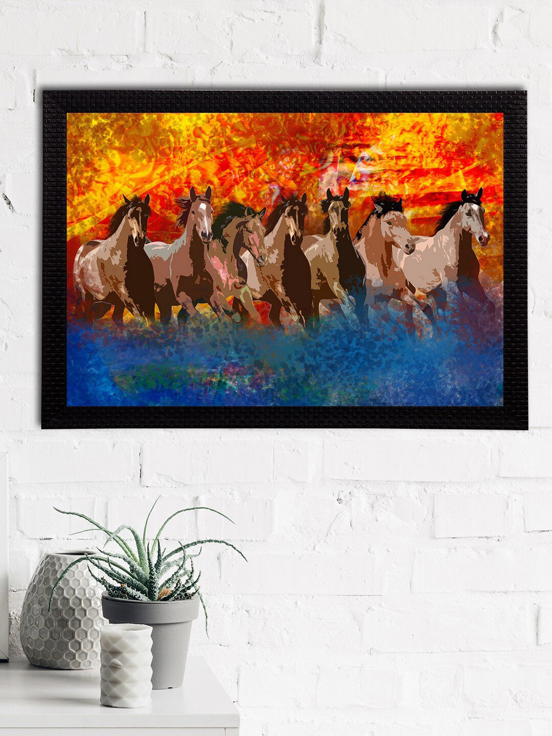 eCraftIndia Brown & Red 7 Lucky Running Horses Satin Matt Textured UV Wall Art