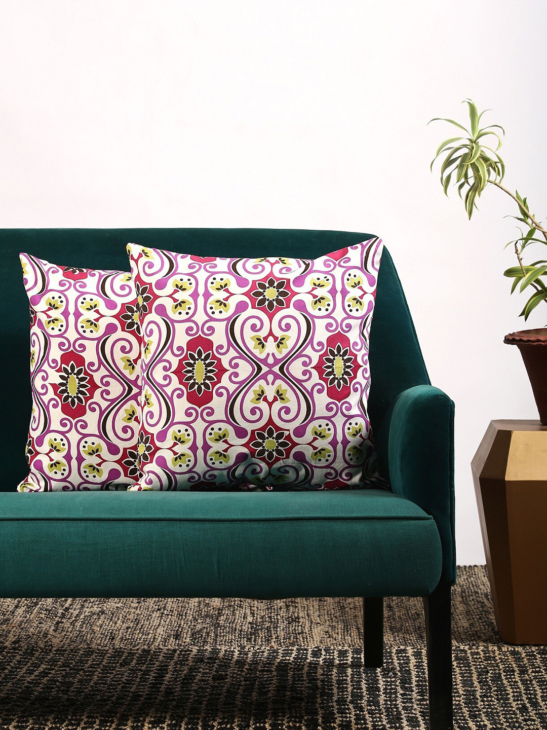 Contrast Living Set Of 2 Purple & Pink Ethnic Motifs Printed Square Cushion Covers