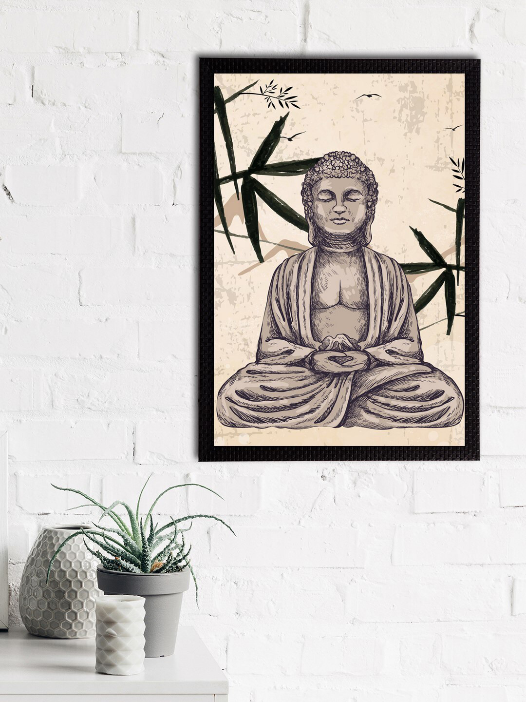 eCraftIndia Cream-Coloured & Green Meditating Lord Buddha Satin Matt Textured UV Wall Art