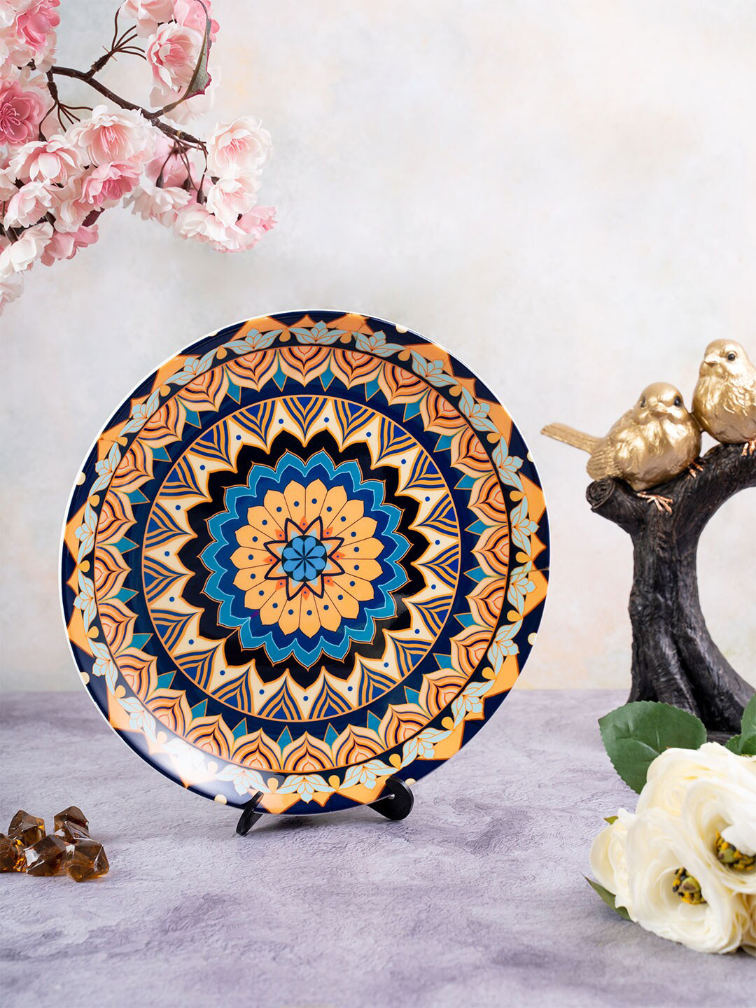 KOLOROBIA Beige & Blue Meditative Mandala Decorative Wall Plate