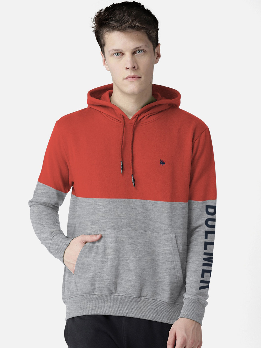 BULLMER Men Red & Grey Colourblocked Hooded Sweatshirt
