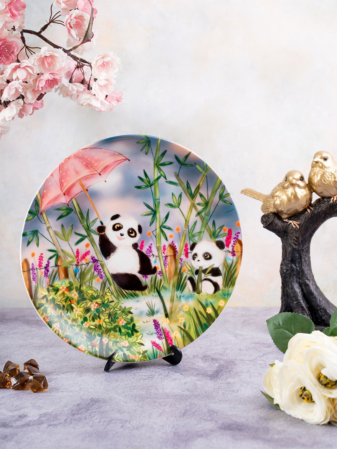 KOLOROBIA Panda Bone China Crafted Ceramics Glossy Hanging Hall Wall Plates-8In
