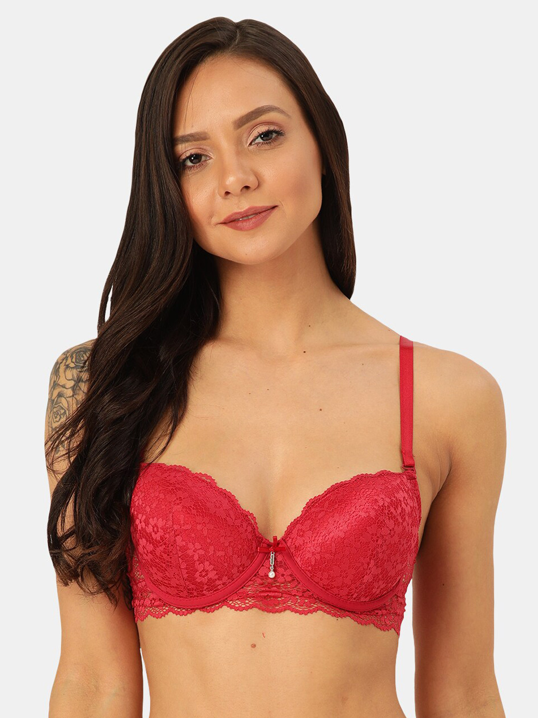 MAKCLAN Red Solid Lace Lightly-Padded Underwired Plunge Bra K27017BI