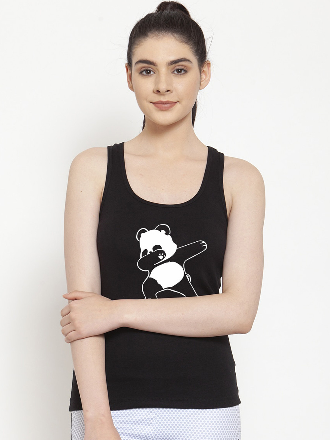 Friskers Women Black Panda Printed Tank Pure Cotton Top