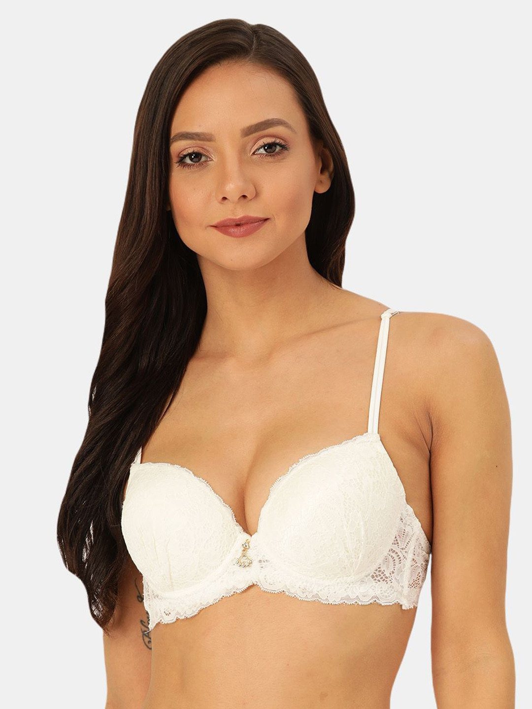 MAKCLAN White Self-Design Lace Underwired Lightly-Padded Plunge Bra K16037BQ