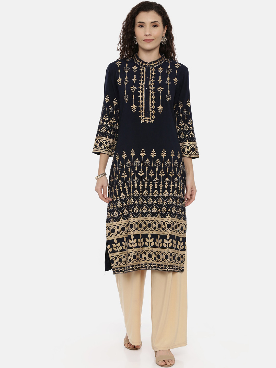 Neerus Women Blue Printed Straight Kurta