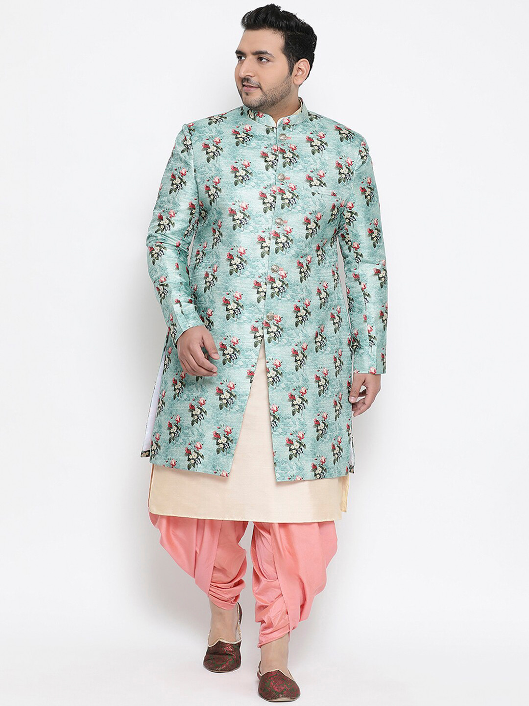 KISAH PLUS  Men Sea-Green & Beige Floral Printed Indowestern Sherwani Set