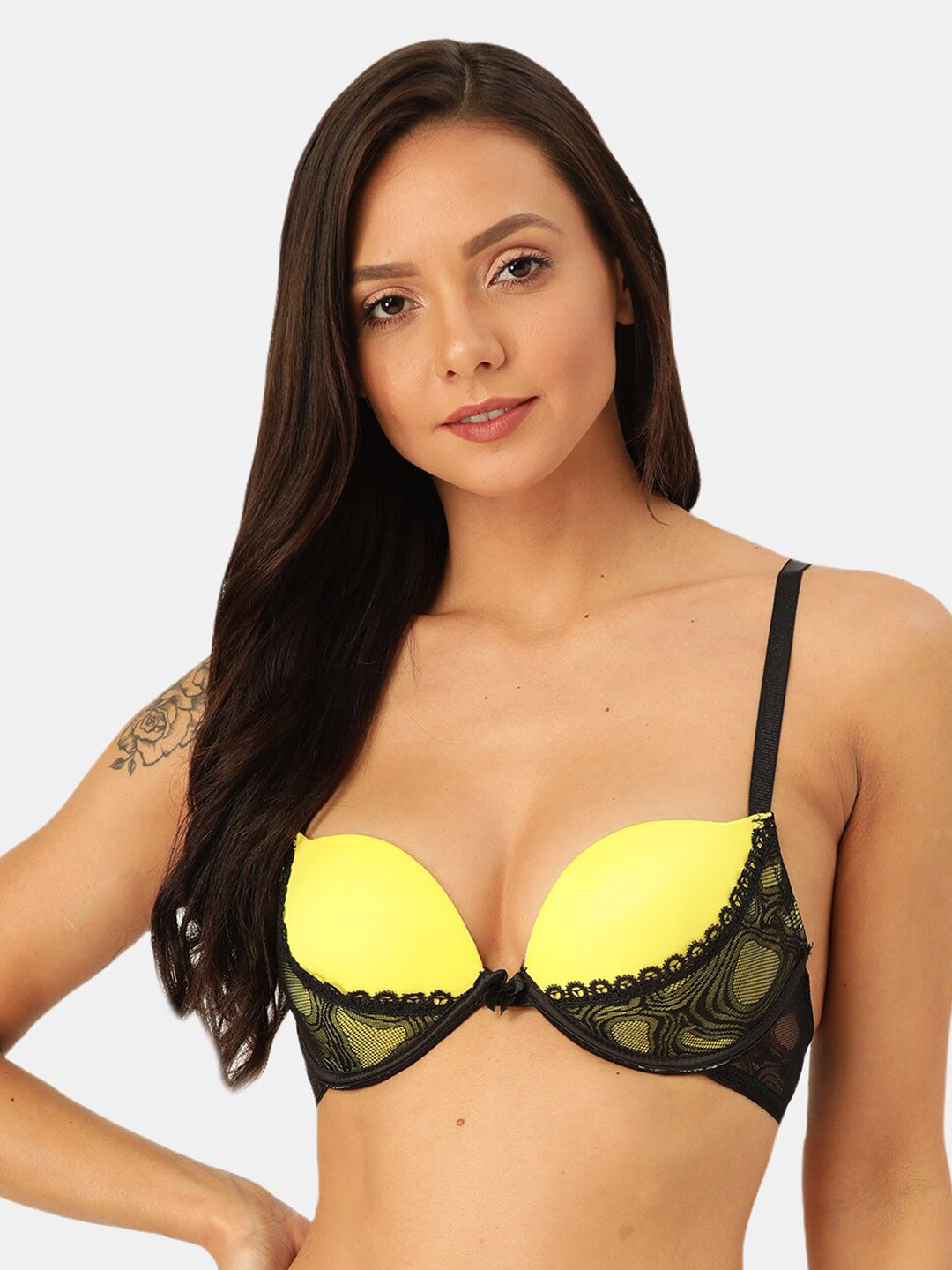 MAKCLAN Yellow & Black Solid Lightly Padded Underwired Lace Plunge Bra-K32010BE