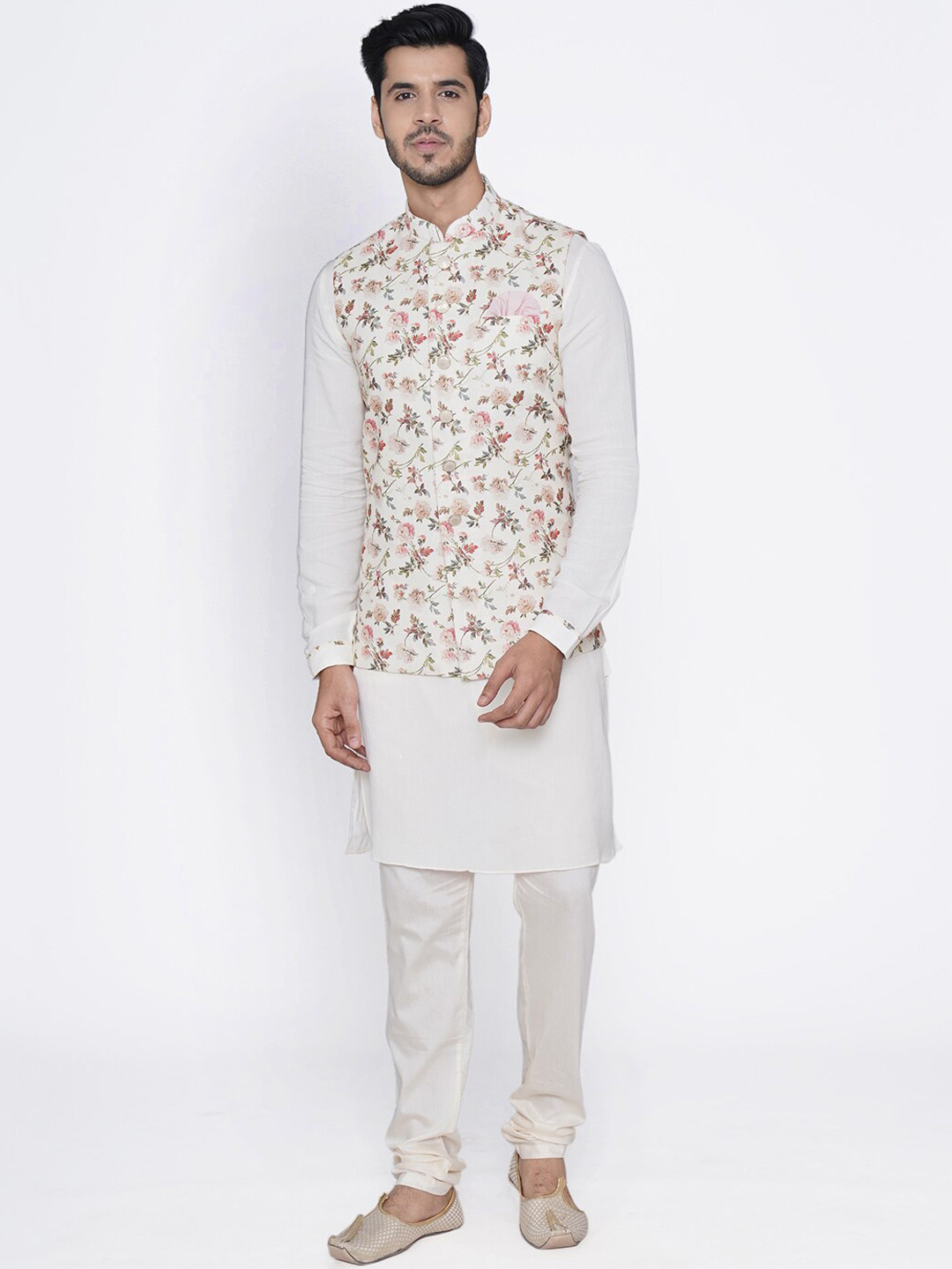 Diwas by Manyavar Men Cream-Coloured Yoke Design Kurta & Churidar with Nehru Jacket