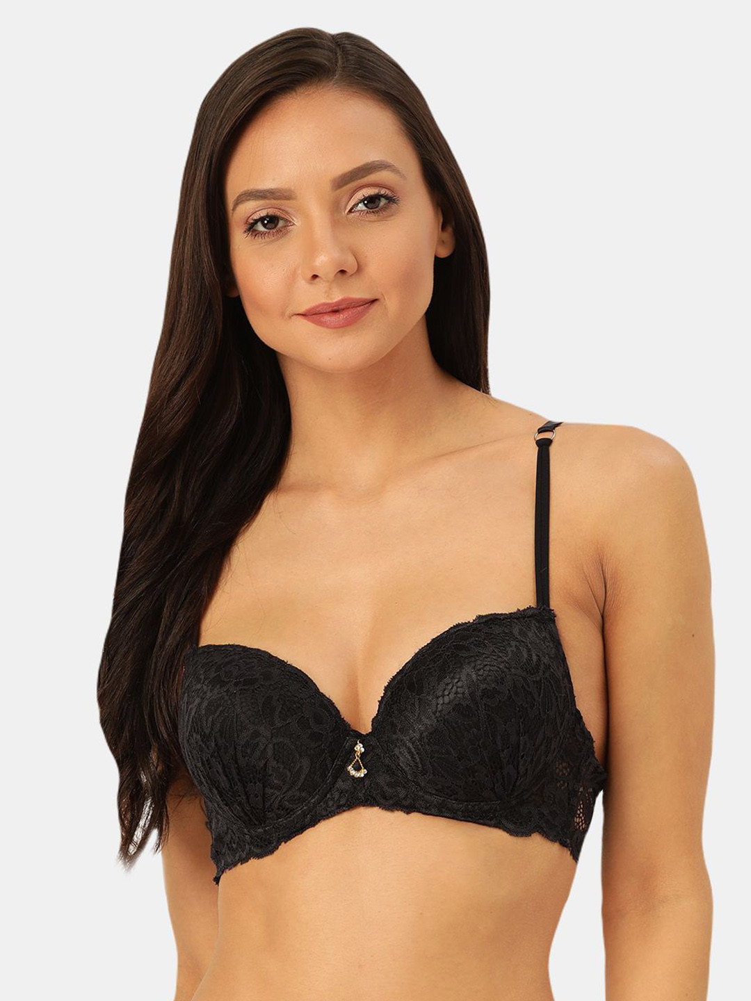 MAKCLAN Black Lace Underwired Lightly-Padded Plunge Bra K16037BM