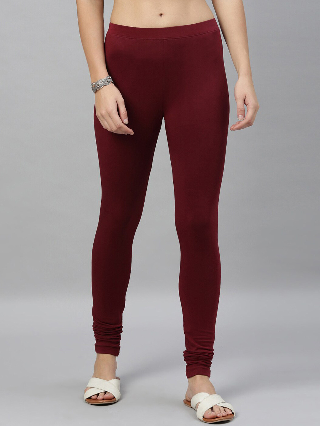 Kryptic Women Maroon Solid Churidar-Length Leggings