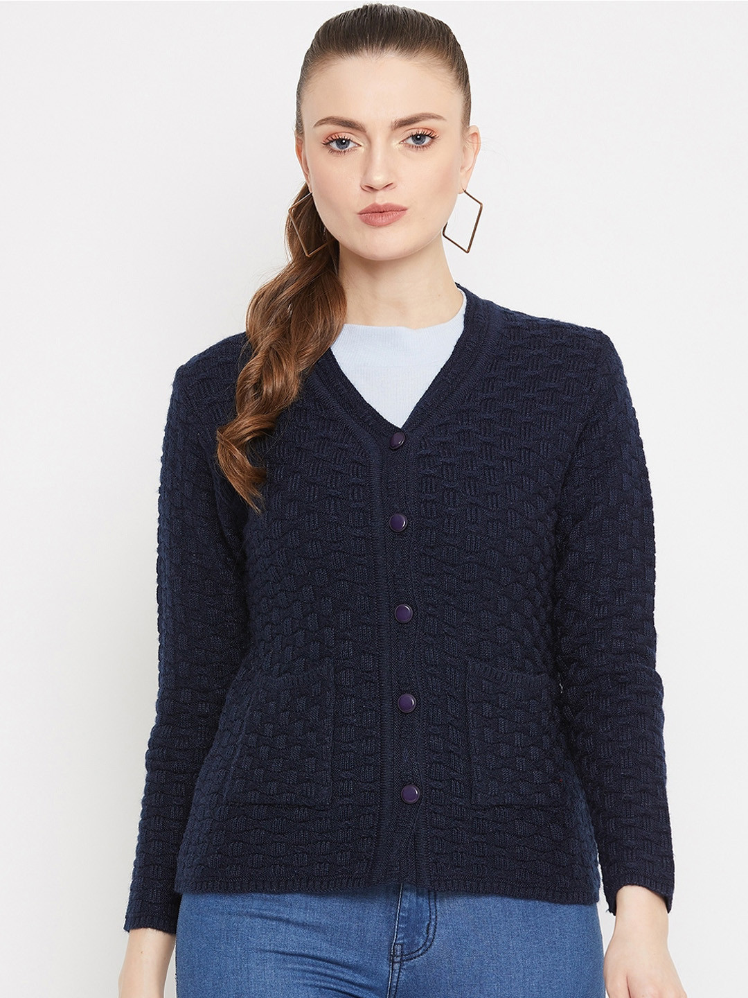 Zigo Women Navy Blue Self Design Knitted Cardigan