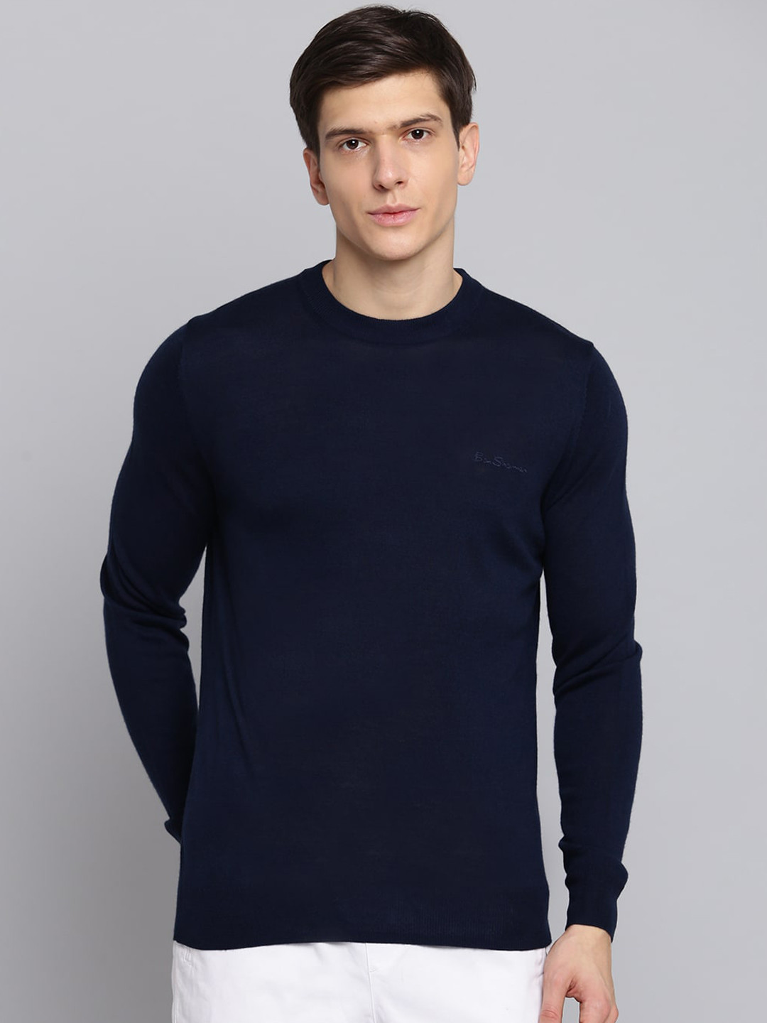 BEN SHERMAN Men Navy-Blue Solid Pullover Sweater