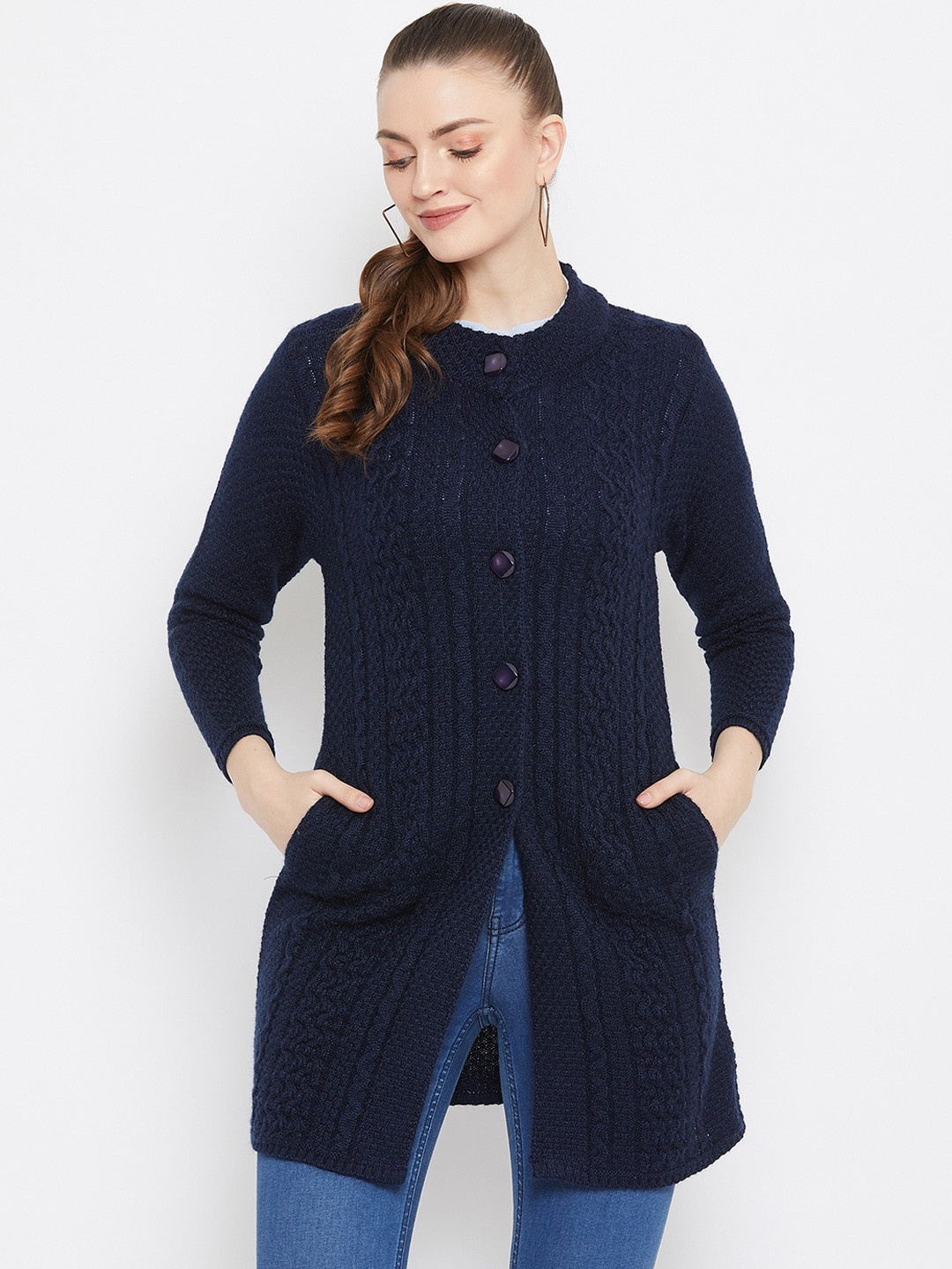 Zigo Women Navy Blue Self Design Longline Cardigan