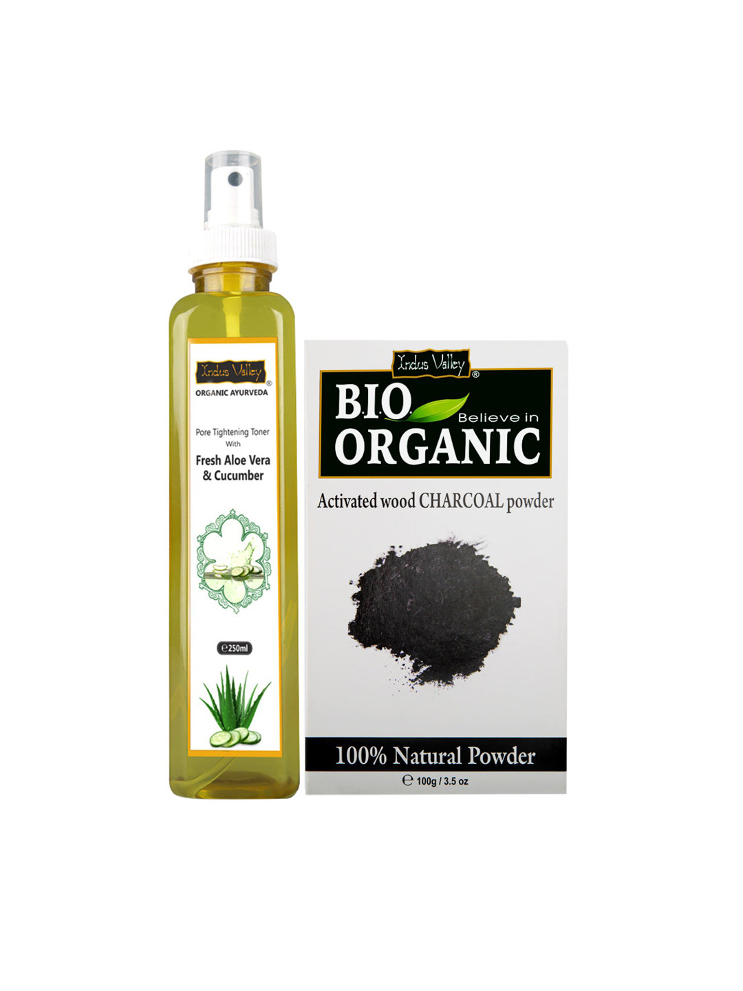 BIO Organic Charcoal Face Pack Powder and Ayurveda Fresh Aloe Vera & Cucumber Water