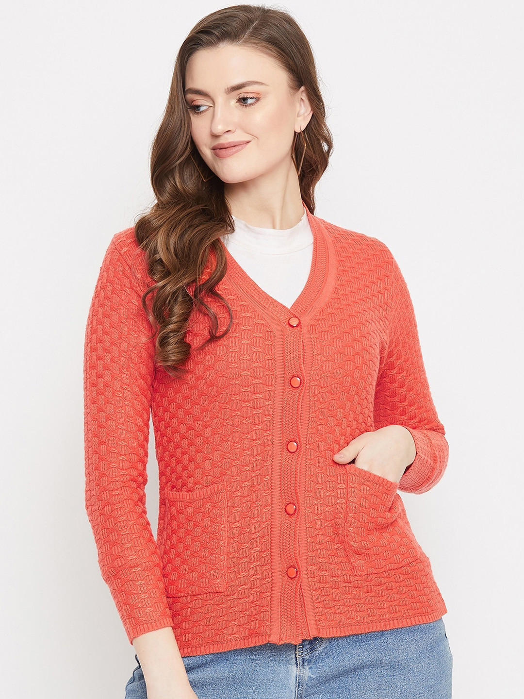 Zigo Women Orange Self Design Cardigan