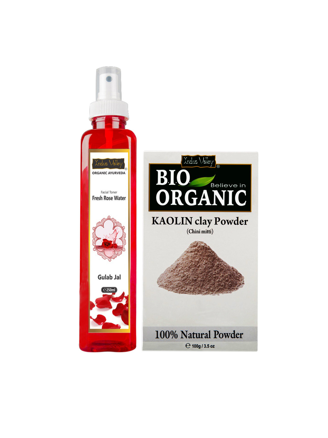 Indus Valley Bio Organic Kaolin Face Pack Powder & Ayuveda Fresh Rose Toner