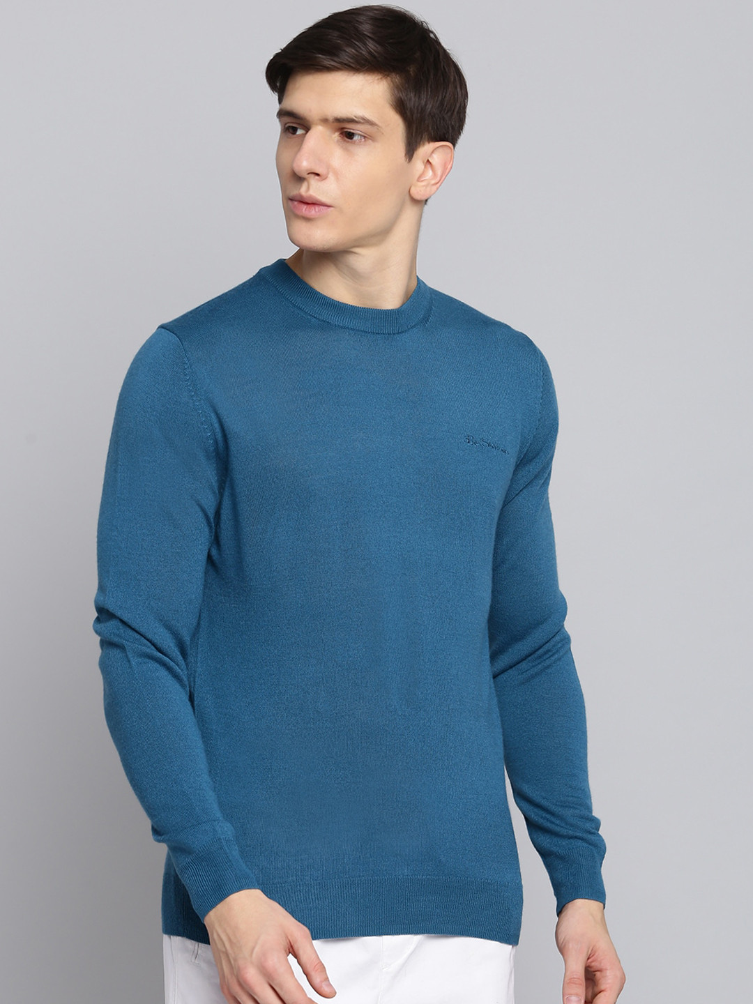 BEN SHERMAN Men Blue Solid Pullover Sweater