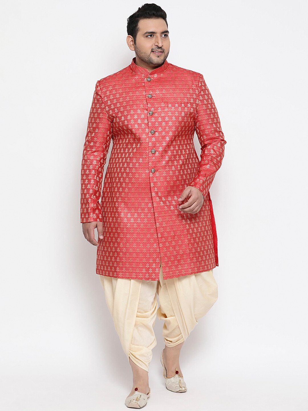 KISAH PLUS  Men Coral-Pink & Beige Printed Indowestern Sherwani With Dhoti Pants
