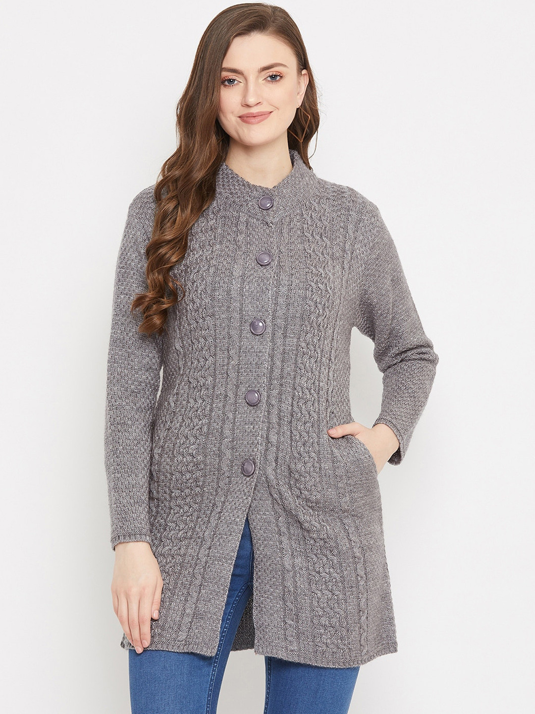 Zigo Women Grey Self Design Longline Cardigan