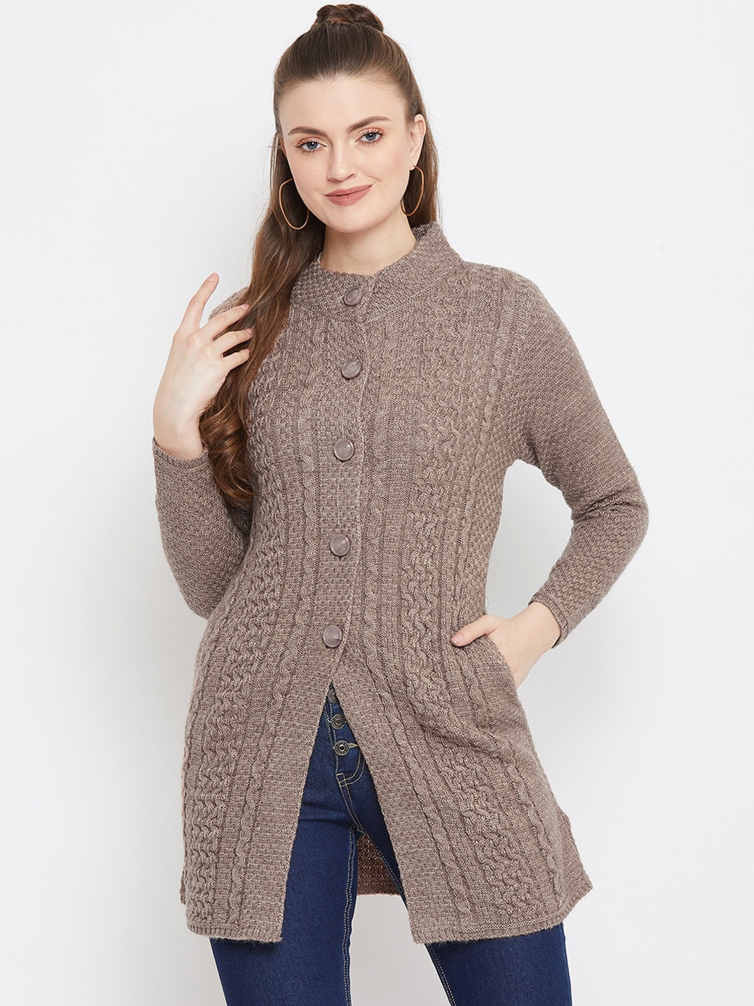Zigo Women Brown Self Design Longline Knitted Cardigan