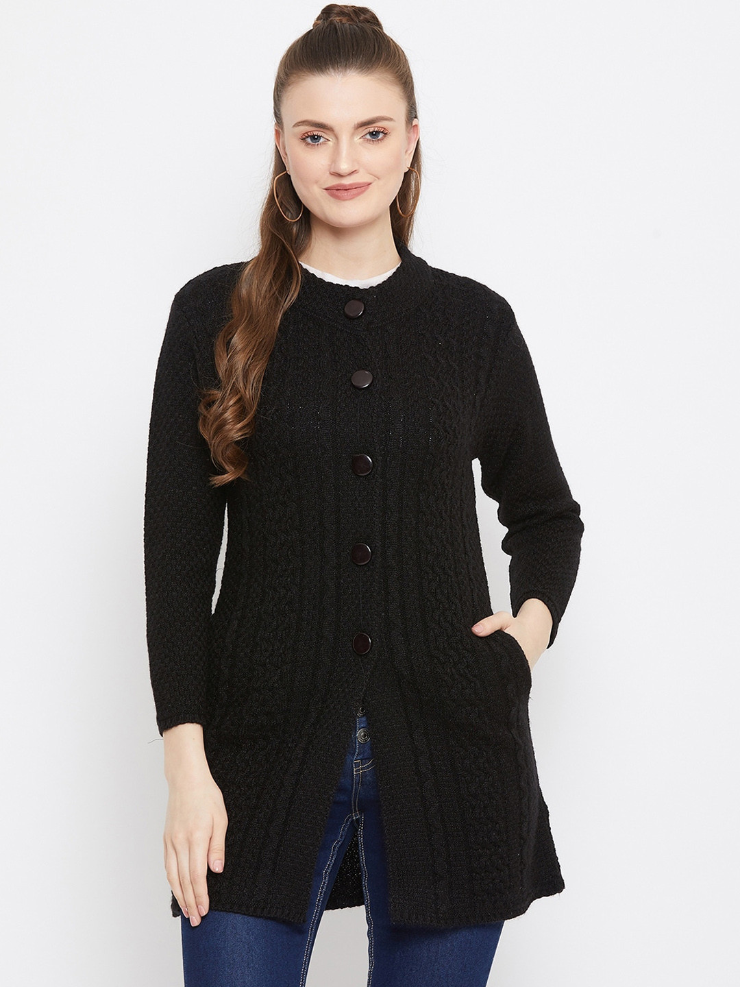 Zigo Women Black Self Design Longline Cardigan