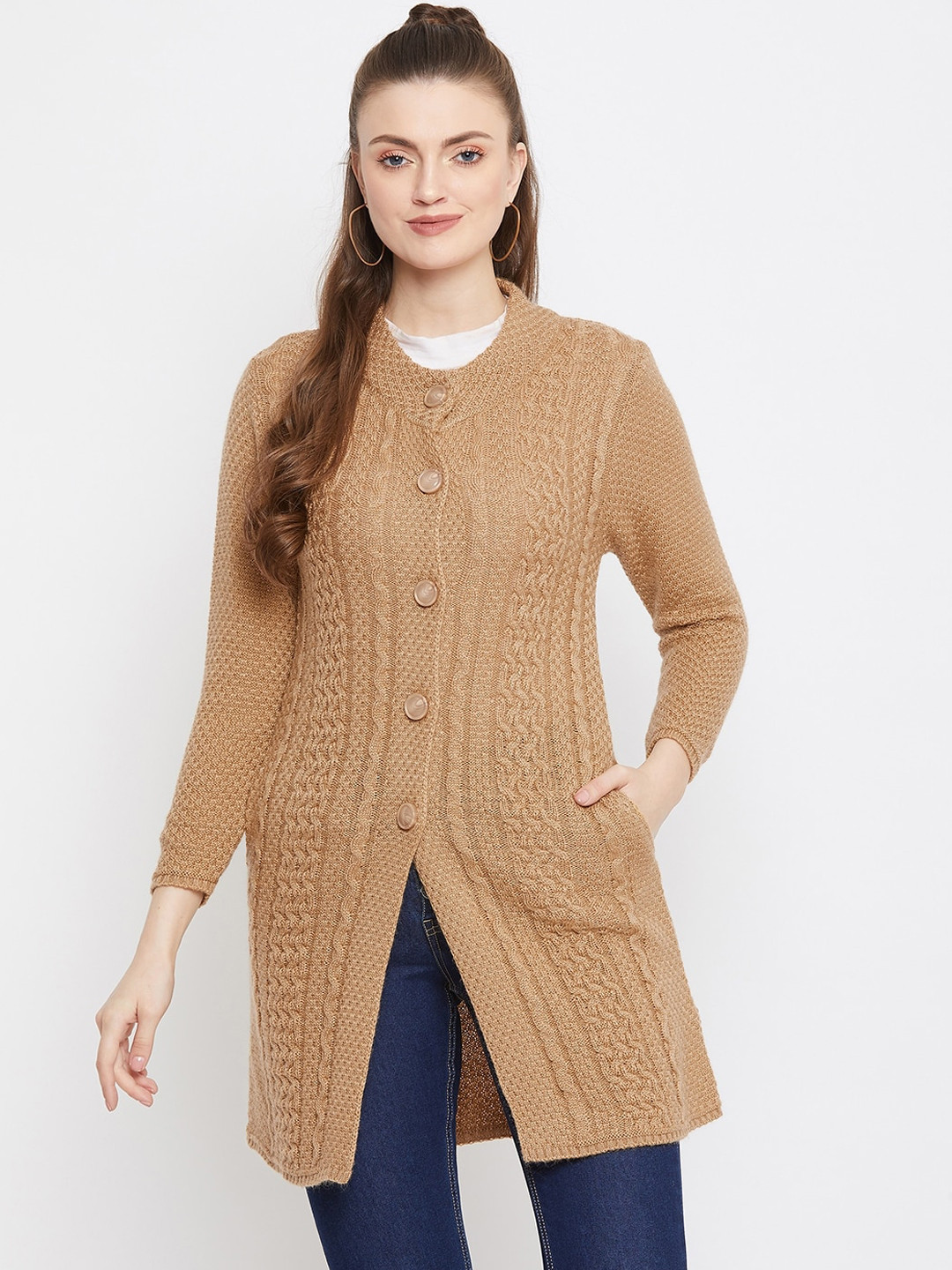 Zigo Women Beige Self Design Longline Knitted Cardigan