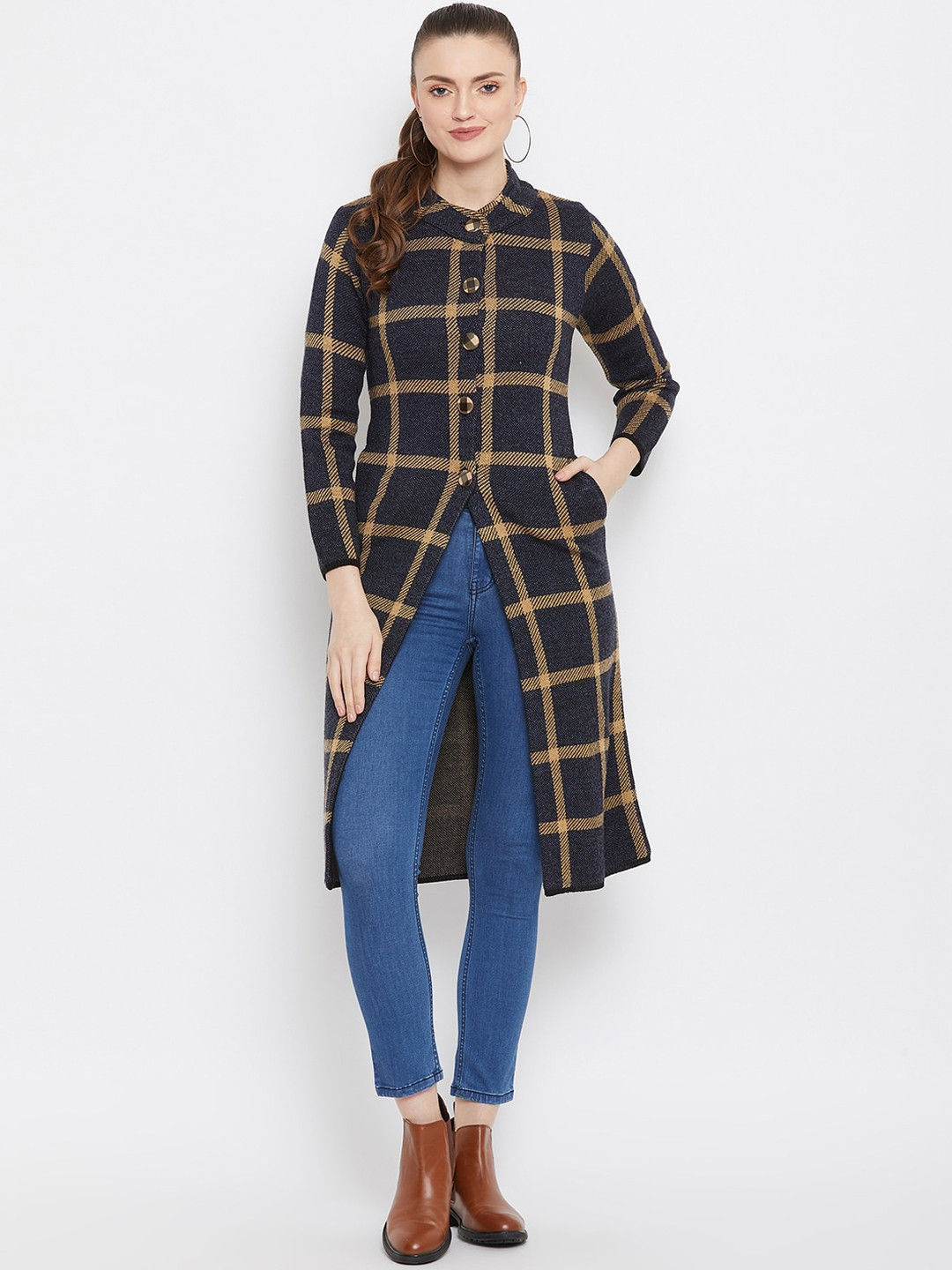 Zigo Women Navy Blue & Beige Checked Longline Cardigan